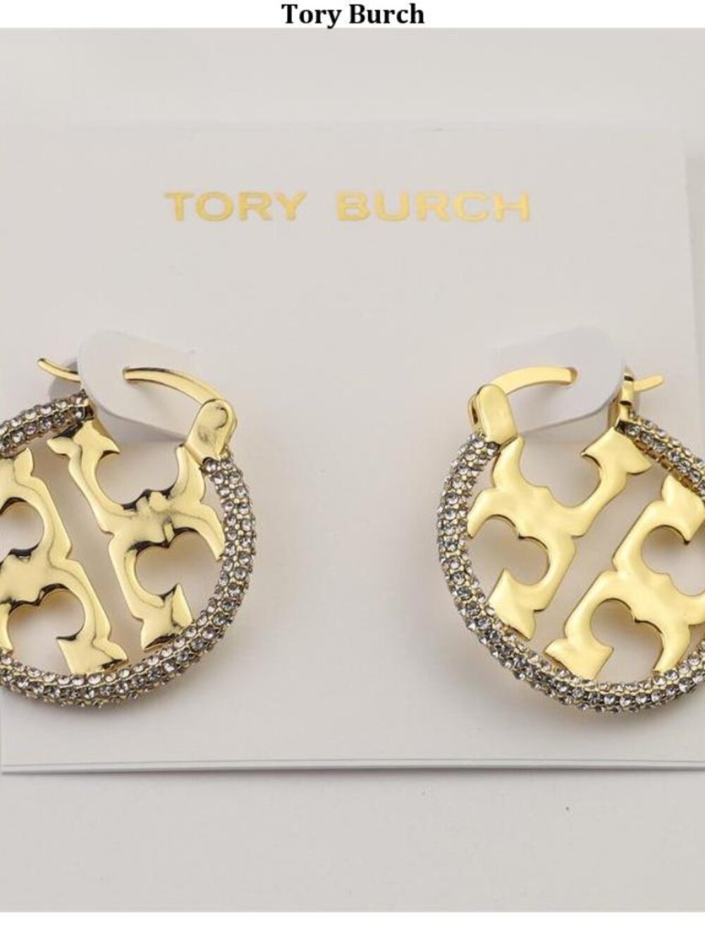 Tory Burch Gold Logo Hoop Earrings with Crystal Pavé